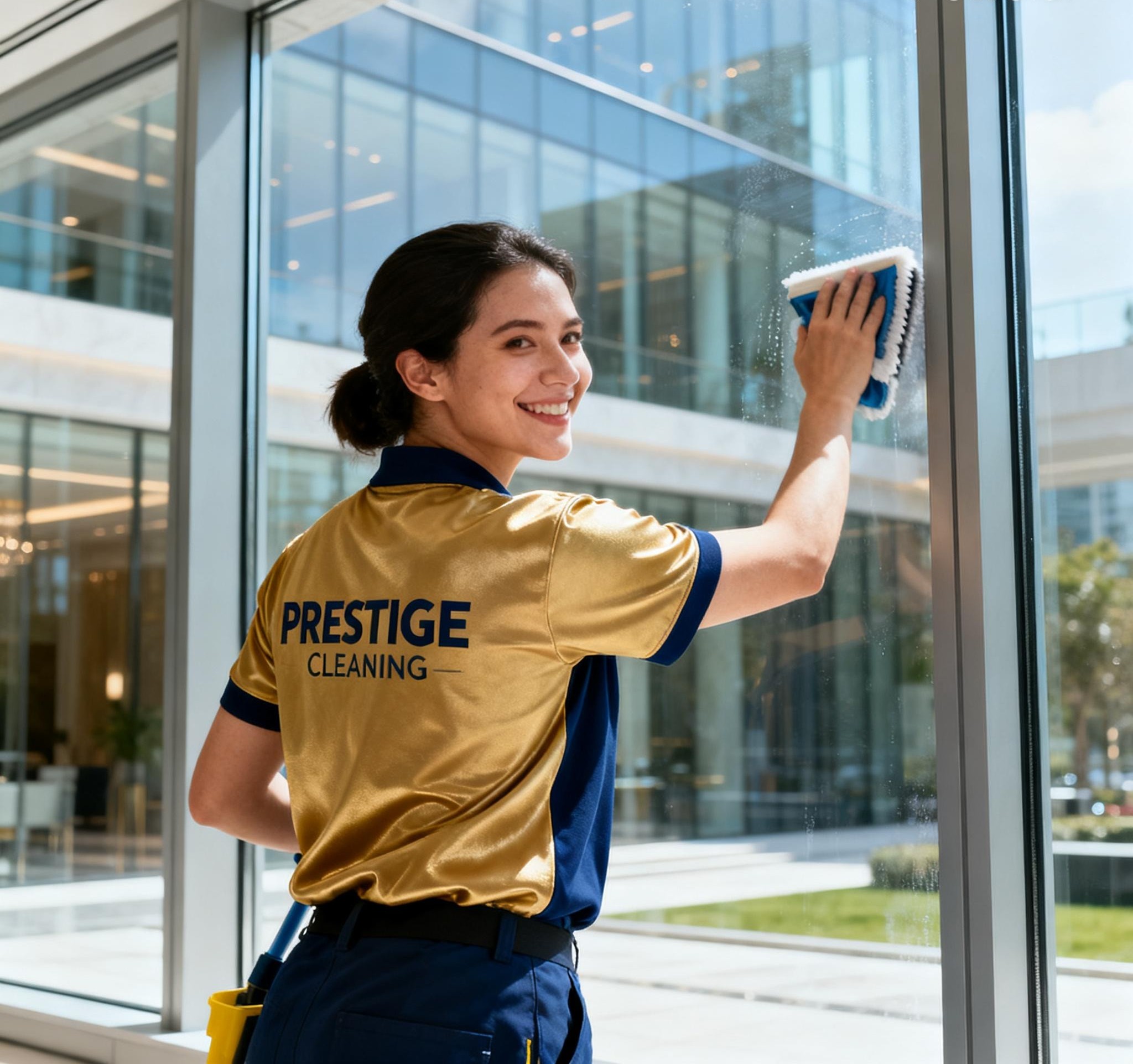 Professional PrestigeCleaning team member in branded uniform cleaning windows